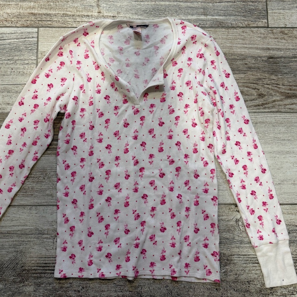 Victoria Secret White and Pink Floral Long Sleeve Henley Long Pajama Top